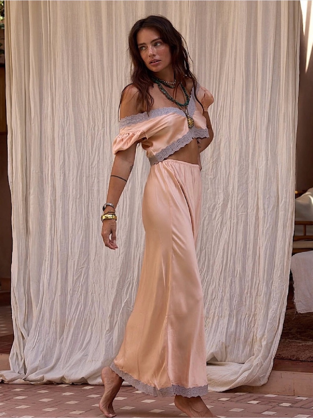 Chasing Unicorns ain’t no sunshine CU Peach Silk Crop Top & Long Skirt Set